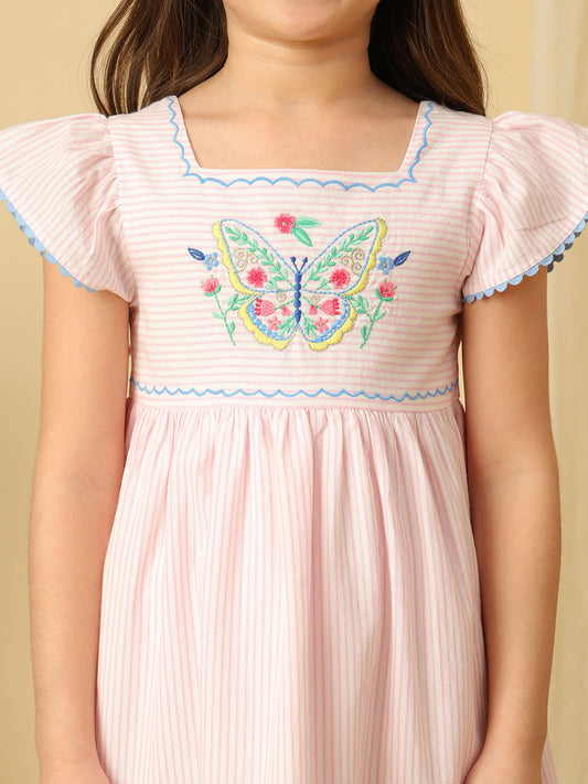 Girls Pink Striped Butterfly Embroidered Flutter Sleeve Dress