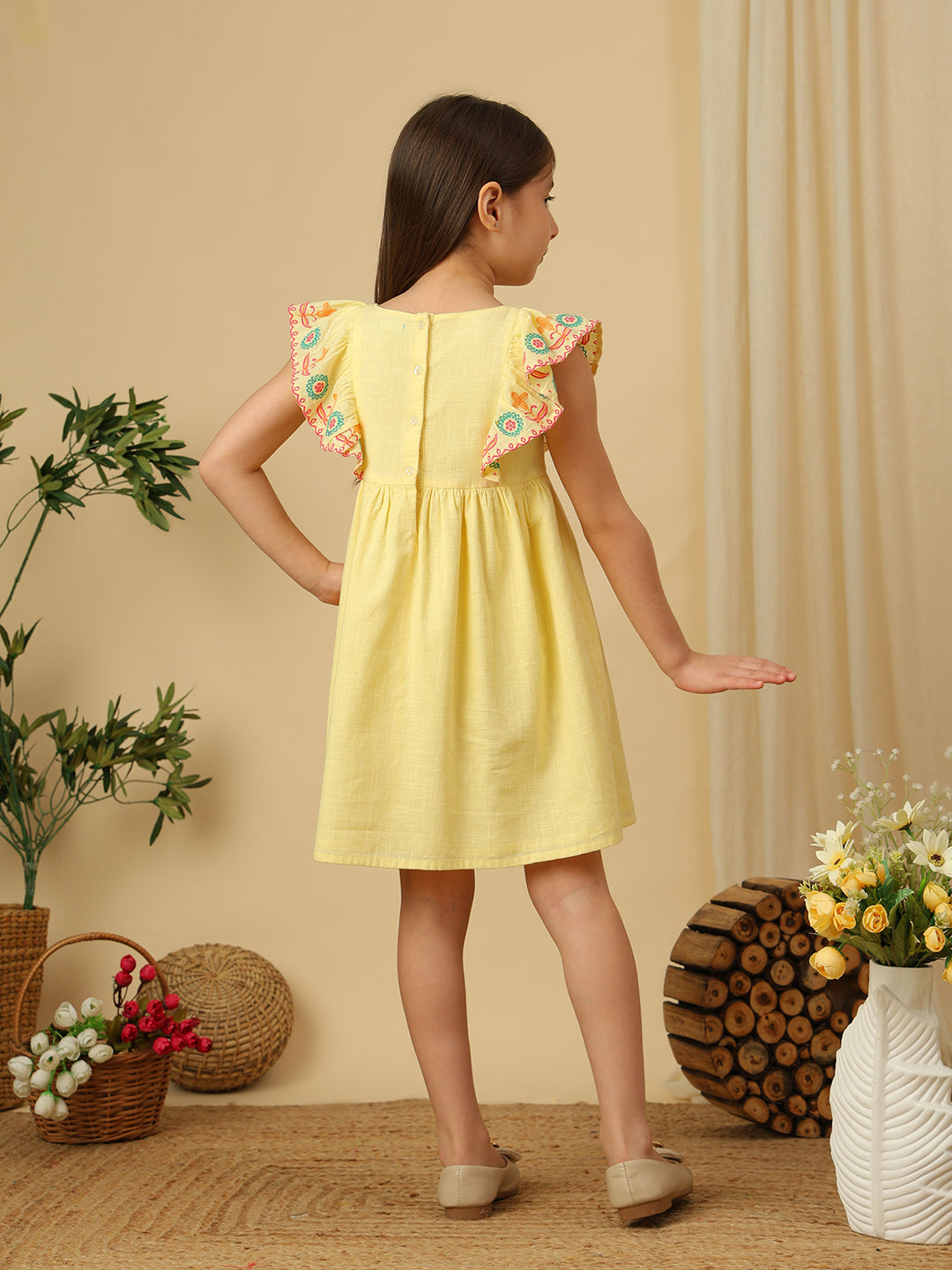 Miyo Girls Yellow Embroidered Ruffle Sleeve Dress with Square Neck and Gathered Flared Silhouette