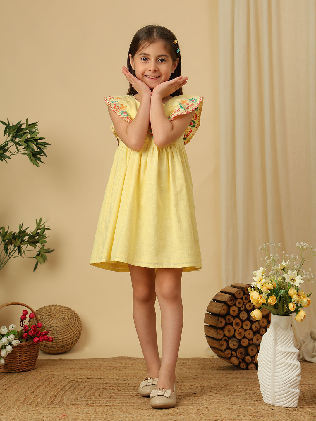 Miyo Girls Yellow Embroidered Ruffle Sleeve Dress with Square Neck and Gathered Flared Silhouette