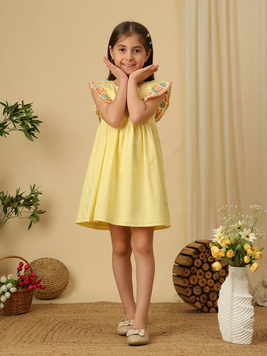 Miyo Girls Yellow Embroidered Ruffle Sleeve Dress with Square Neck and Gathered Flared Silhouette