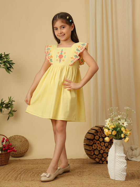 Miyo Girls Yellow Embroidered Ruffle Sleeve Dress with Square Neck and Gathered Flared Silhouette