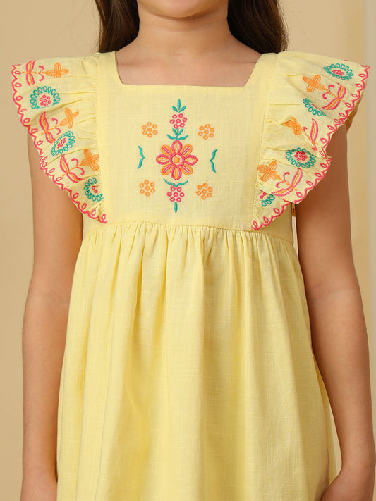 Miyo Girls Yellow Embroidered Ruffle Sleeve Dress with Square Neck and Gathered Flared Silhouette