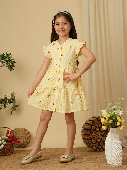 Girls pink gingham checked dress with all-over cherry print, ruffle sleeves and gathered flared silhouette