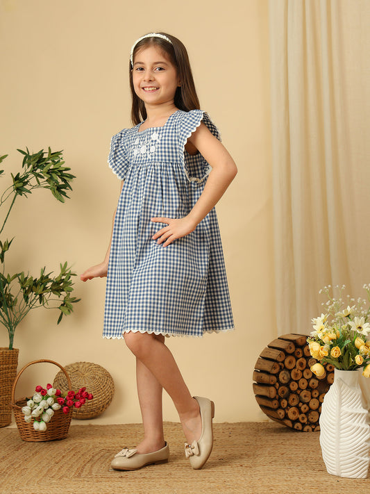 Girls blue gingham check dress with white floral embroidery, square neckline and flutter sleeves