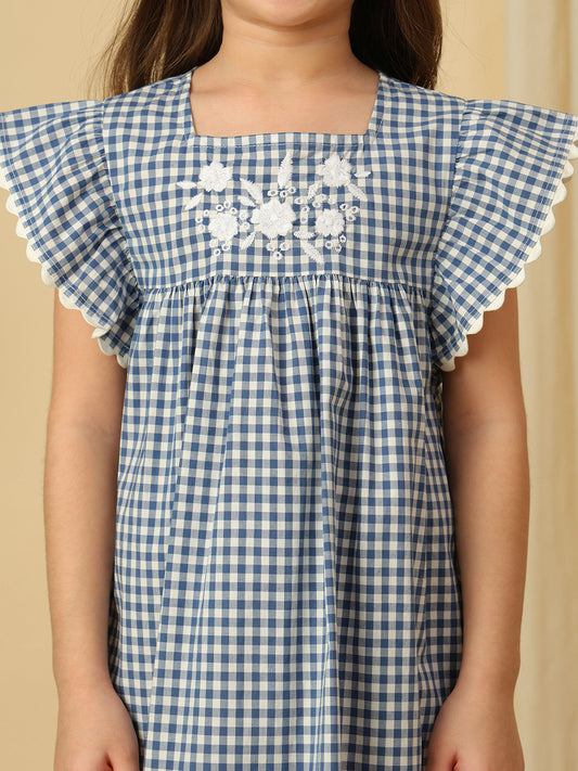 Girls blue gingham check dress with white floral embroidery, square neckline and flutter sleeves