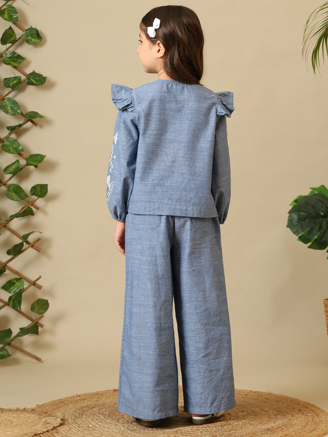 Girls Blue Embroidered Chambray Pant Set