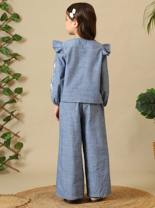 Girls Blue Embroidered Chambray Pant Set