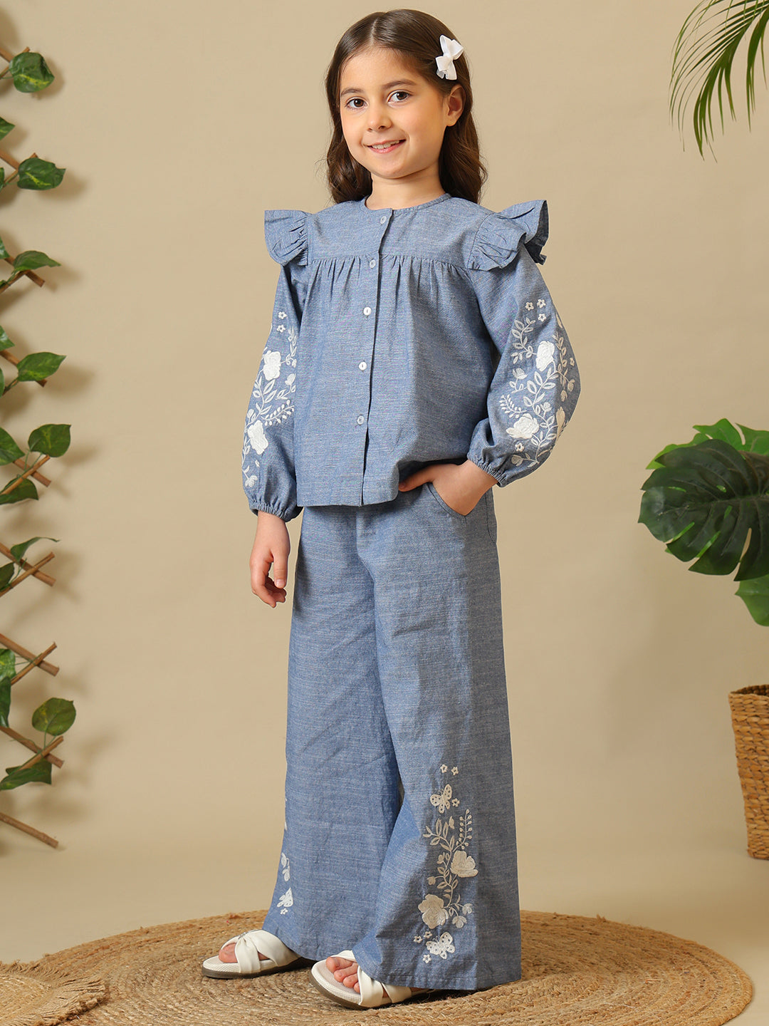 Girls Blue Embroidered Chambray Pant Set