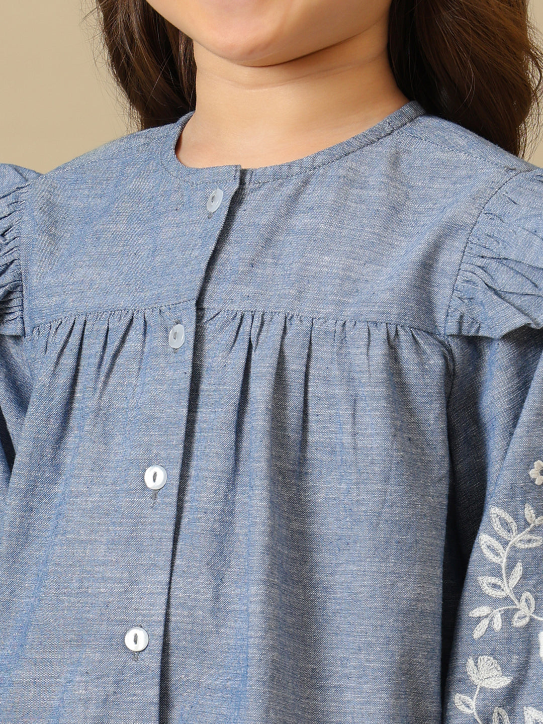 Girls Blue Embroidered Chambray Pant Set