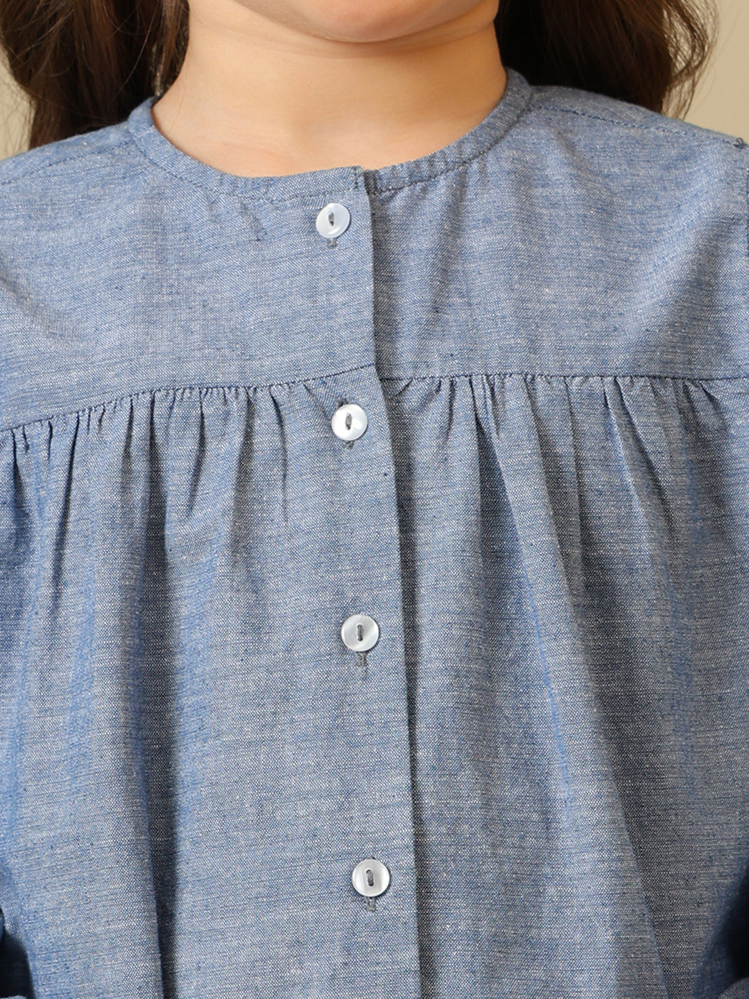 Girls Blue Embroidered Chambray Pant Set