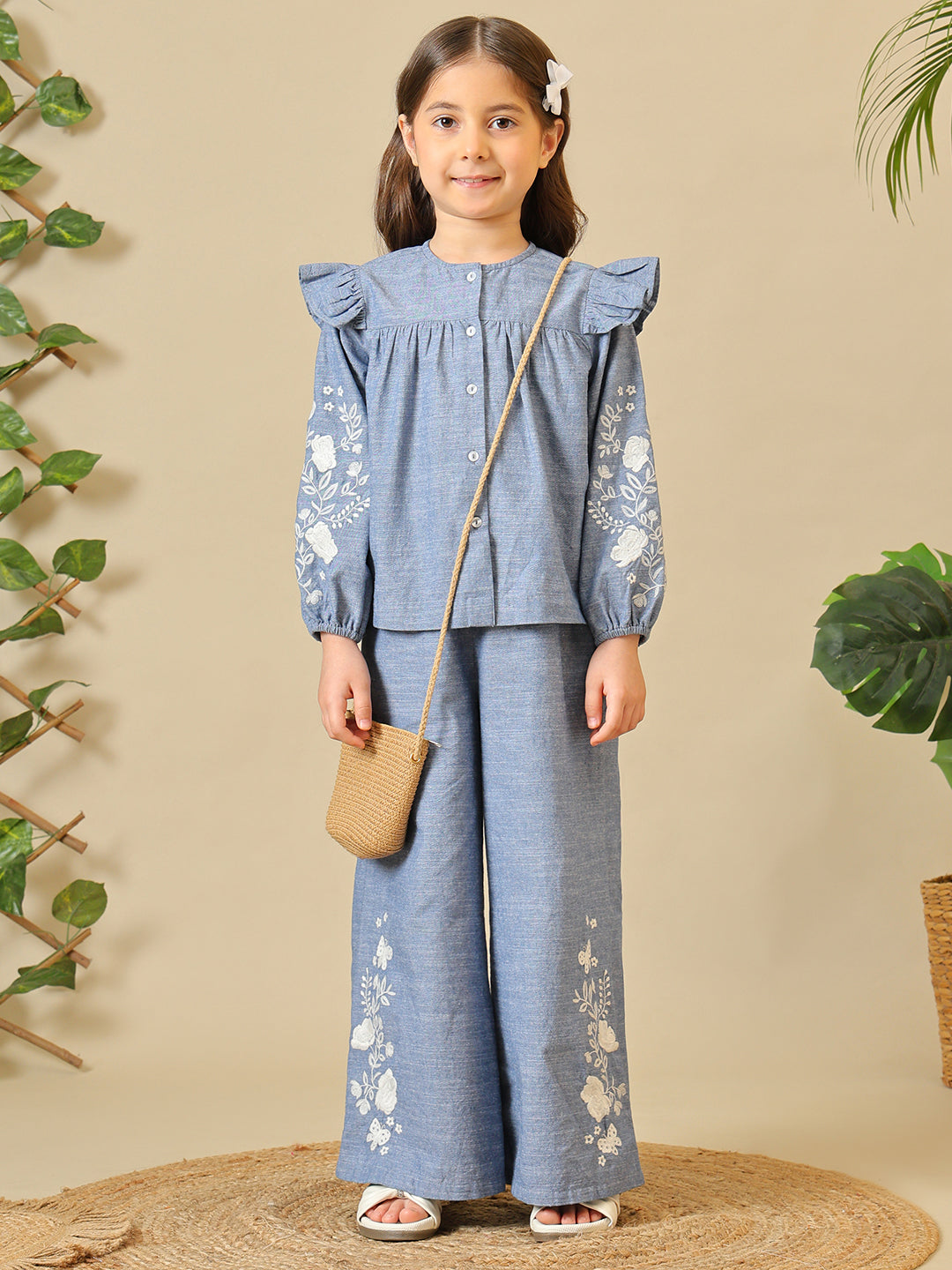 Girls Blue Embroidered Chambray Pant Set