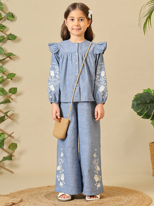 Girls Blue Embroidered Chambray Pant Set
