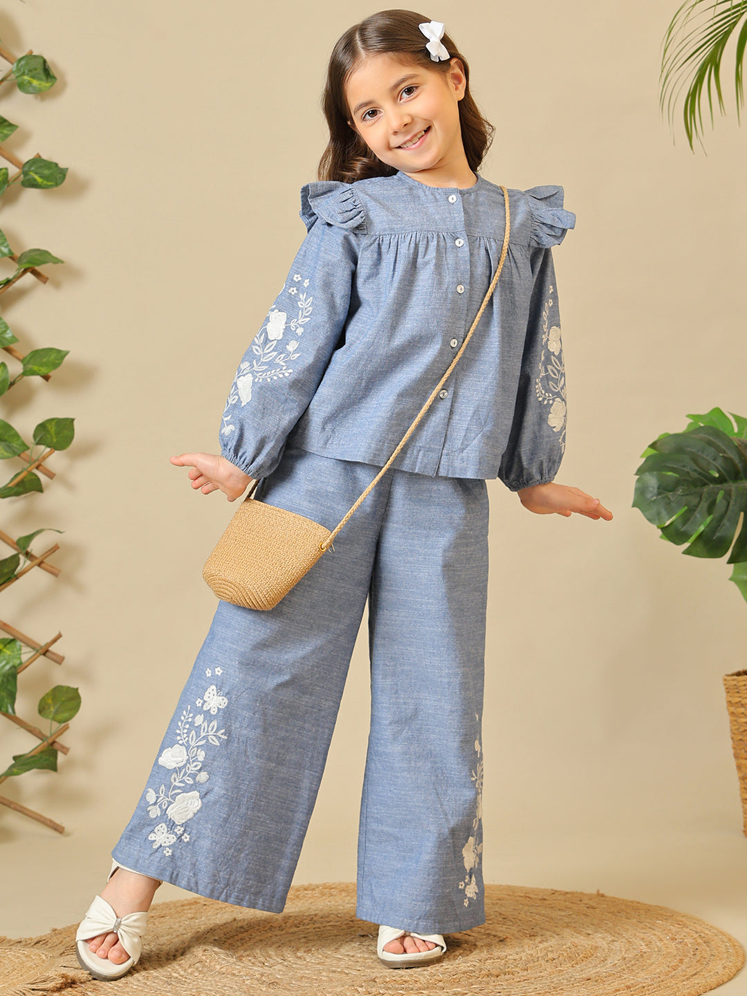 Girls Blue Embroidered Chambray Pant Set