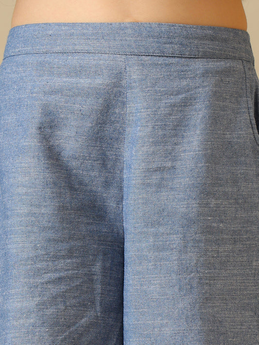 Girls Blue Embroidered Chambray Pant Set