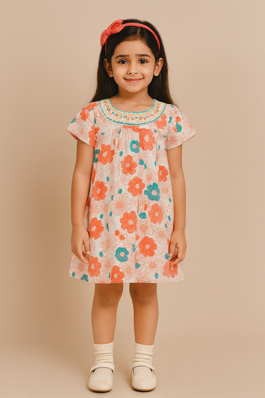 Girls Peach Floral Printed Dress