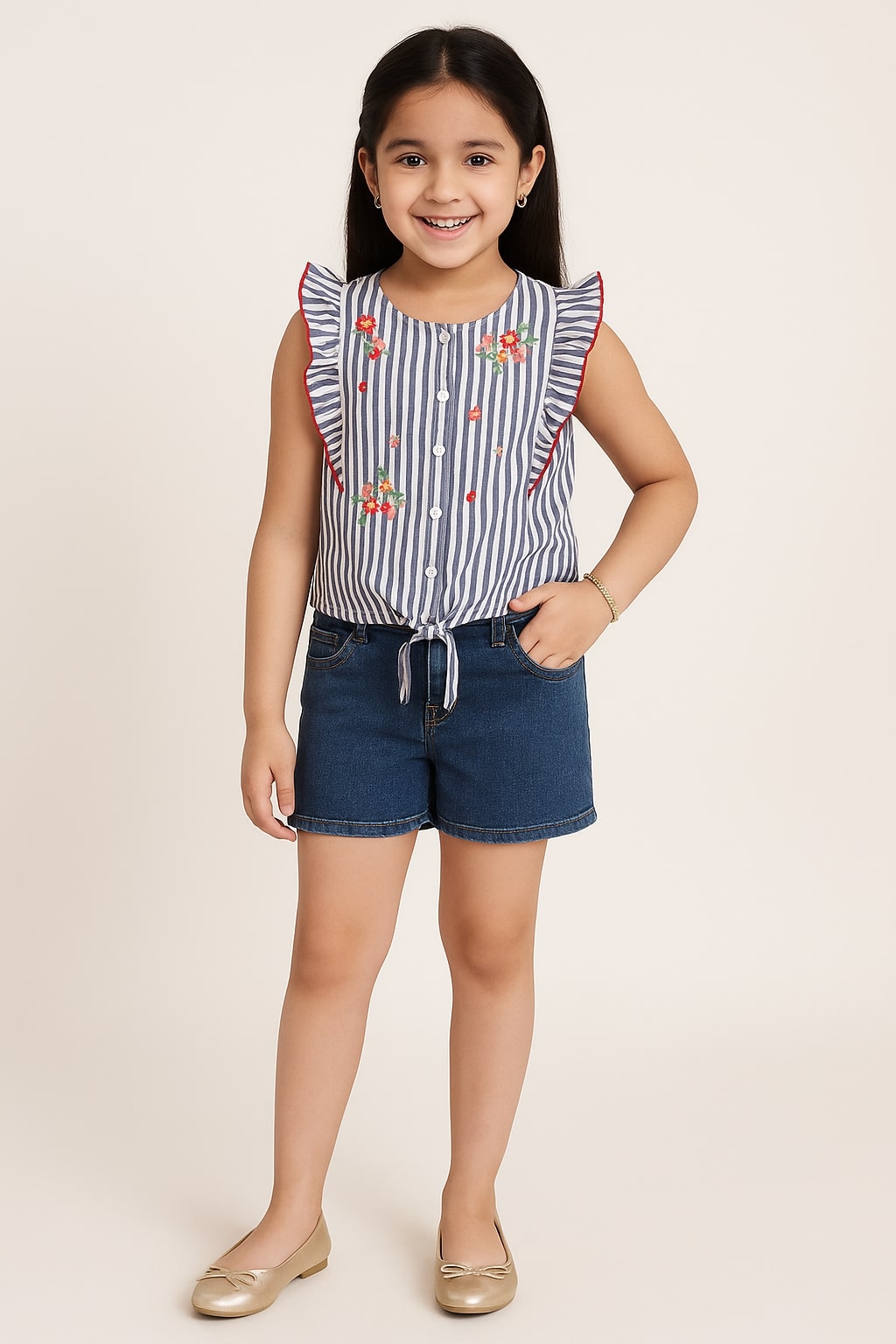 Girls Striped Floral Embroidered Top