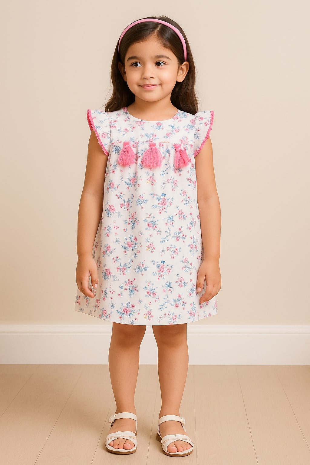Girls White Floral Print Dress