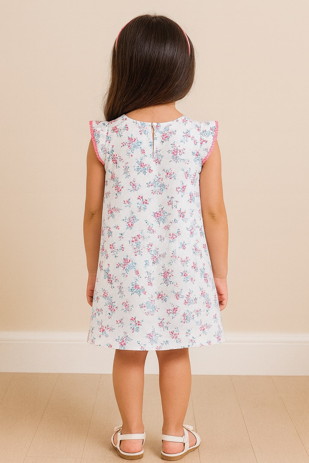 Girls White Floral Print Dress