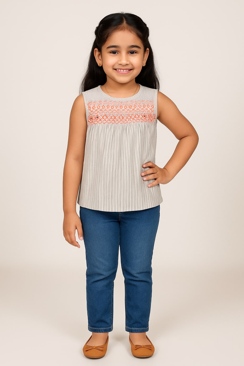 Girls Striped Embroidered Sleeveless Top