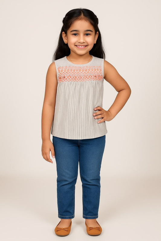 Girls Striped Embroidered Sleeveless Top