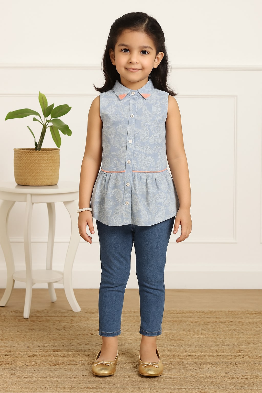 Girls Blue Print Sleeveless Casual Top