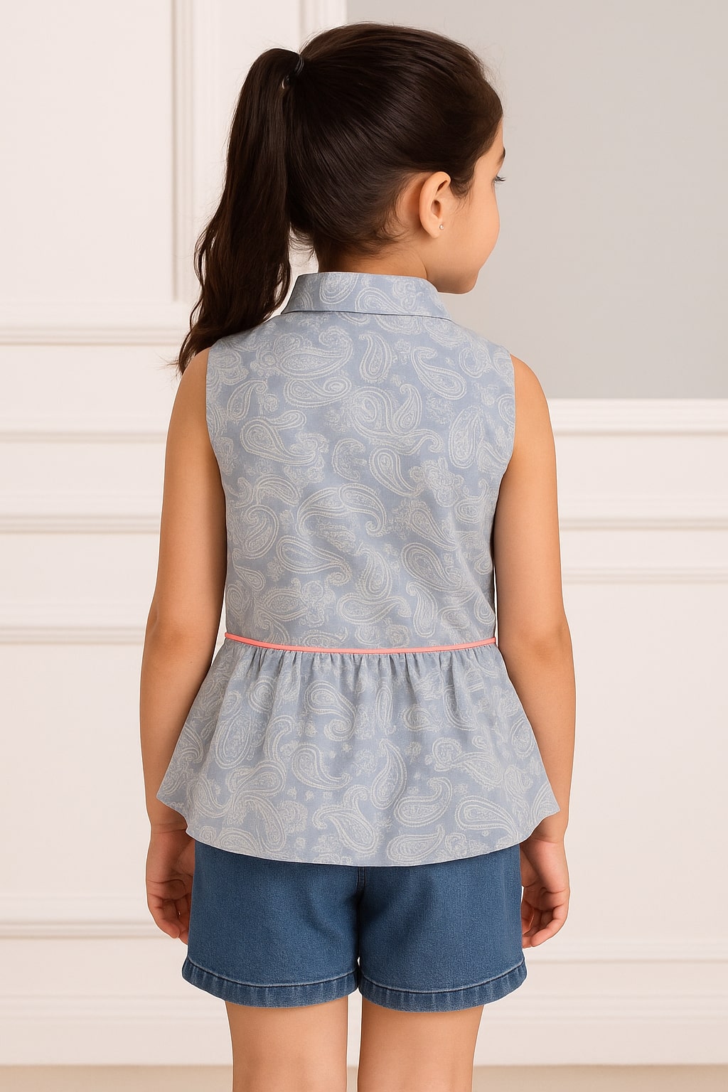 Girls Blue Print Sleeveless Casual Top