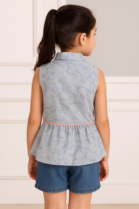 Girls Blue Print Sleeveless Casual Top