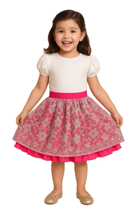 Girls Floral Lace Flared Party Skirt