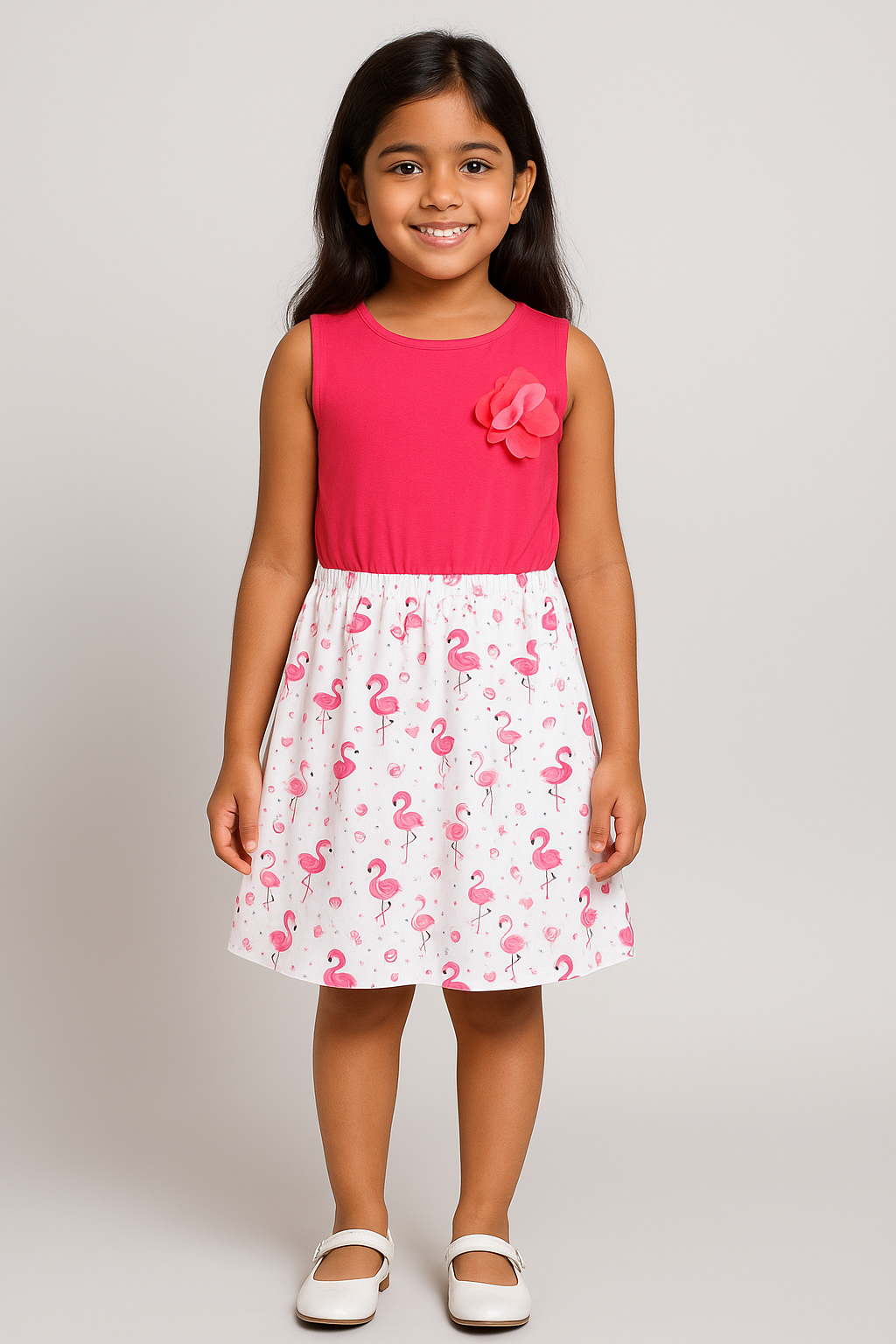 Girls Flamingo Printed Flare Dress