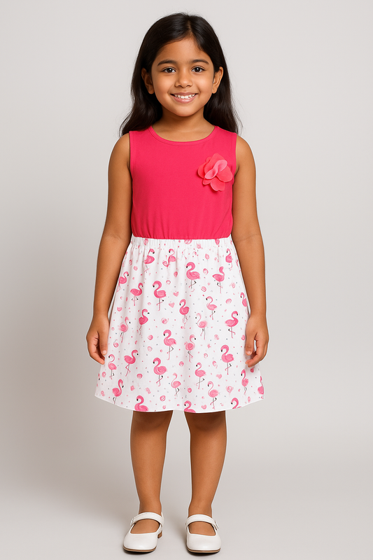 Girls Flamingo Printed Flare Dress