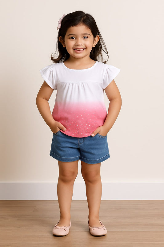 Girls White Pink Ombre Sequin Casual Top