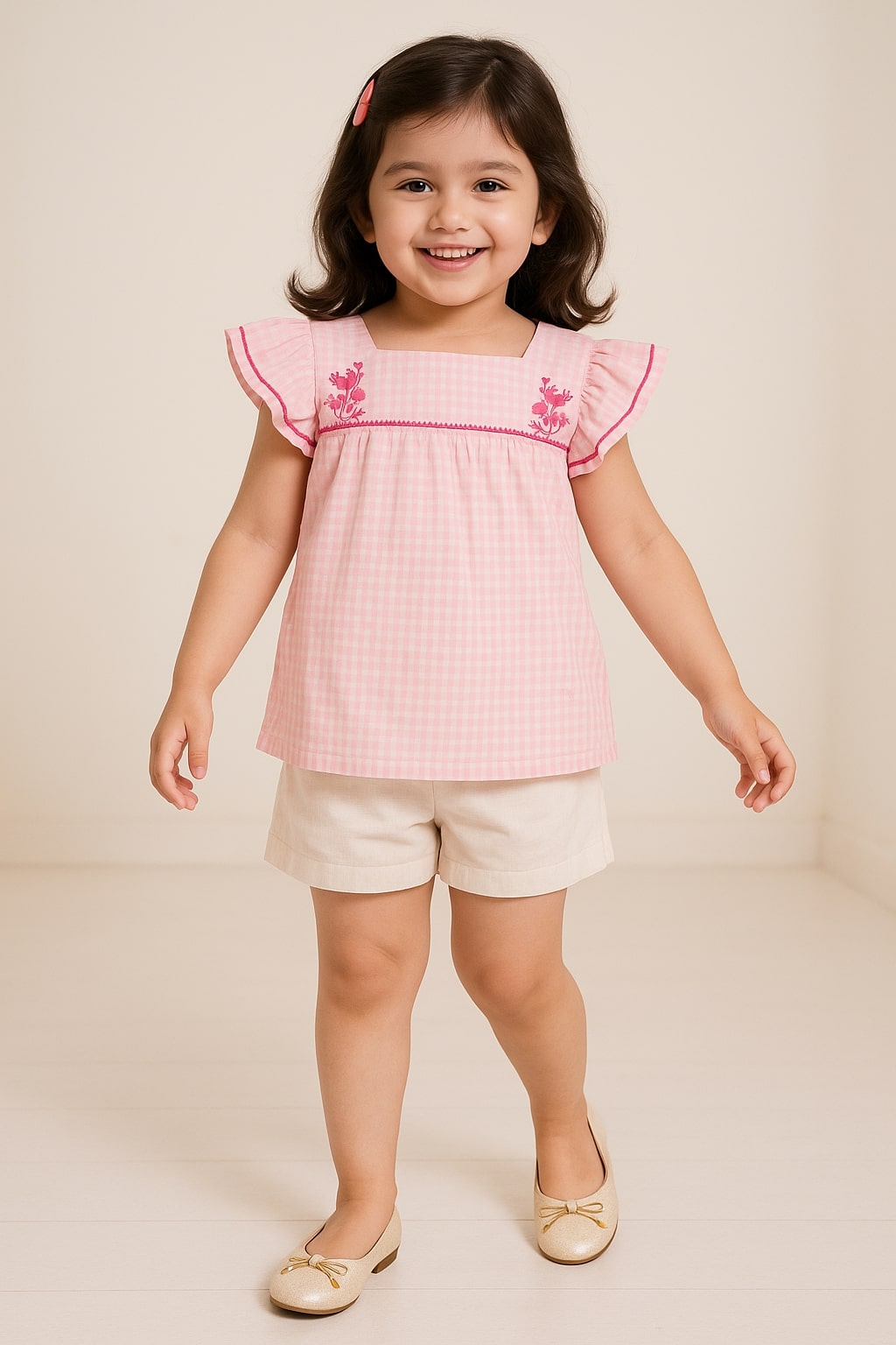 Girls Pink Checked Floral Top