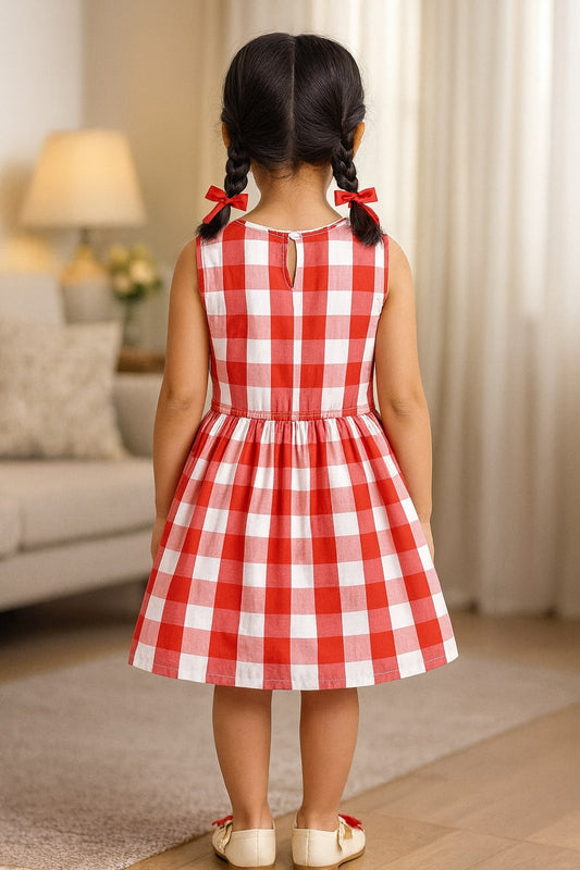 Girls Red Checked Sleeveless Dress