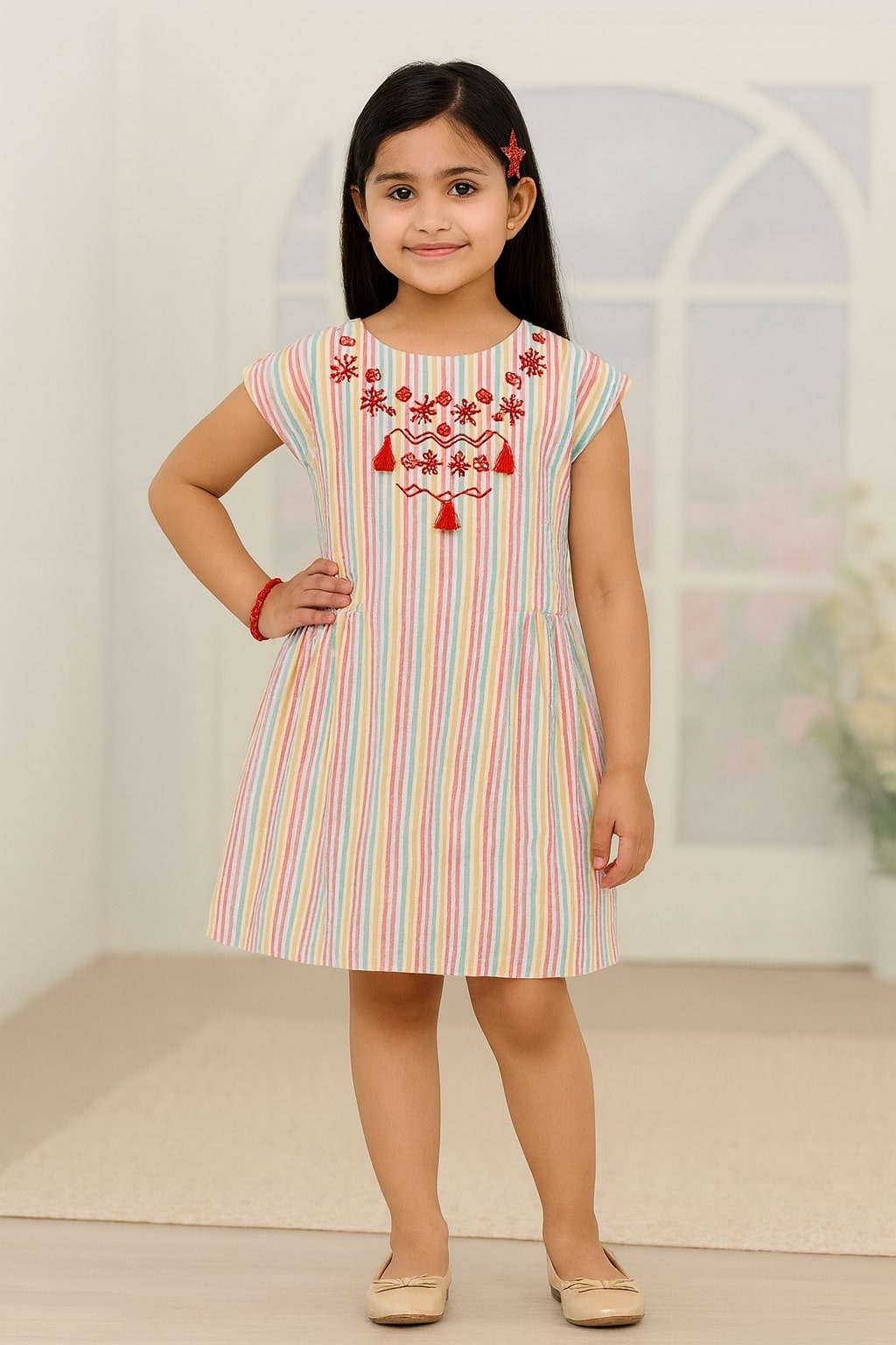 Girls Striped Embroidered Dress