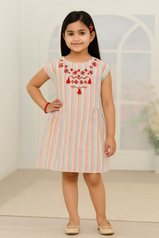 Girls Striped Embroidered Dress