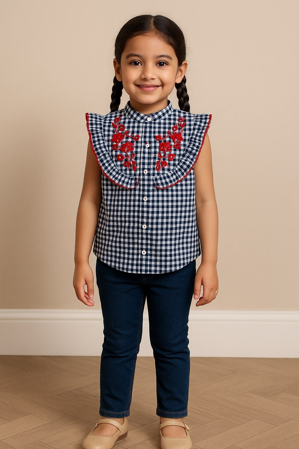 Girls Navy Blue Checked Casual Top