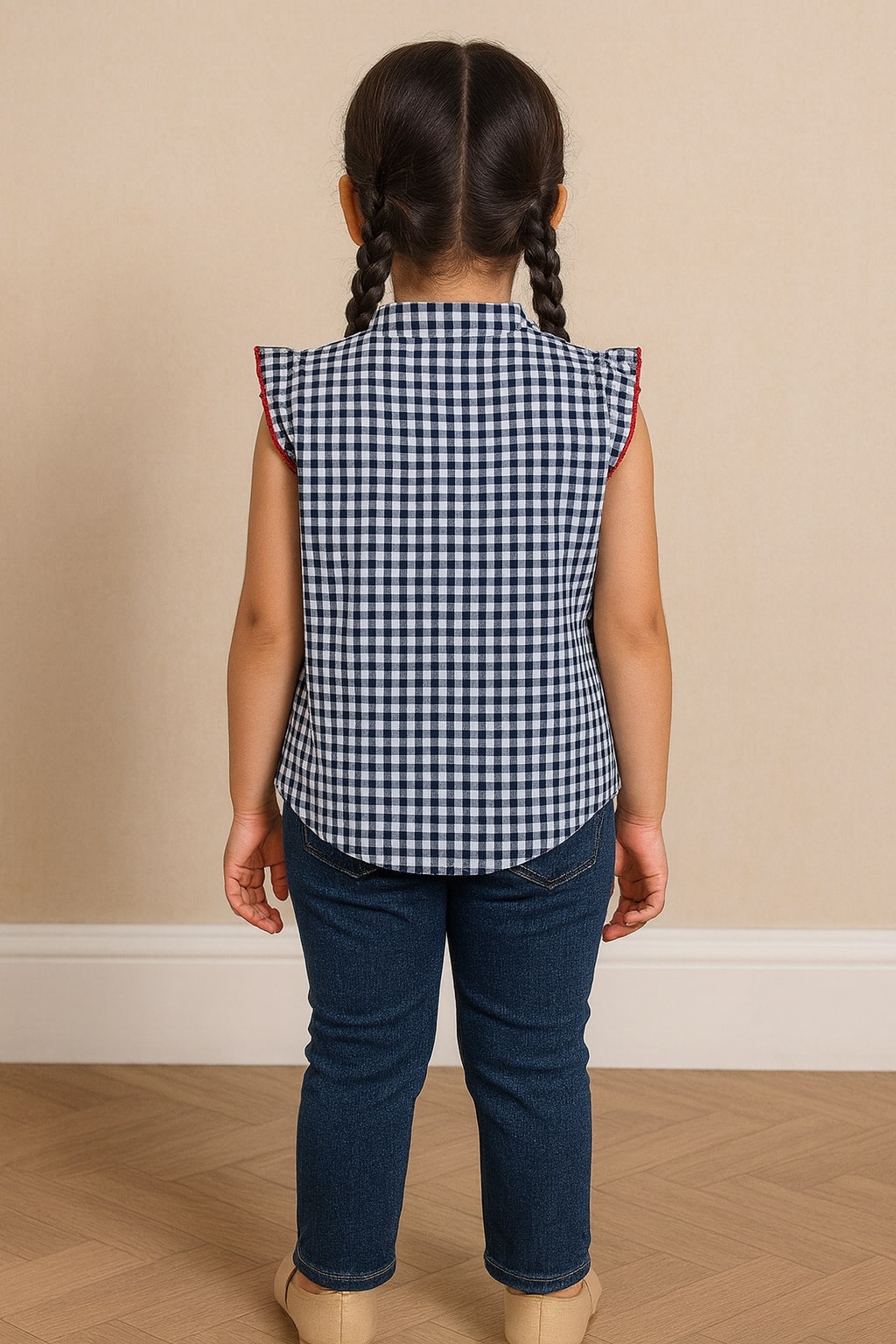 Girls Navy Blue Checked Casual Top