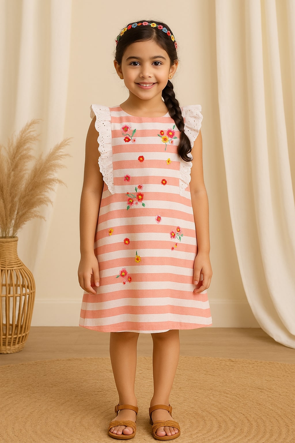 Girls Striped Embroidered Dress