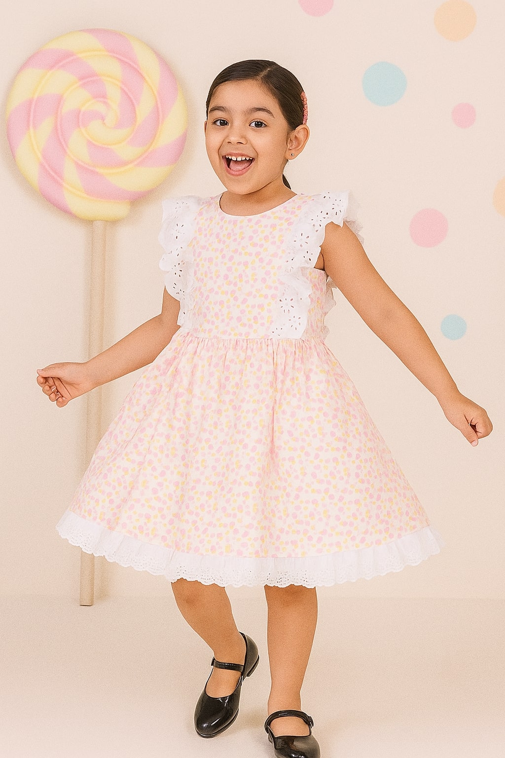 Girls Floral Schiffli Flared Dress
