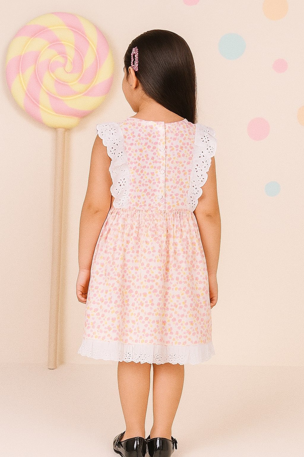 Girls Floral Schiffli Flared Dress