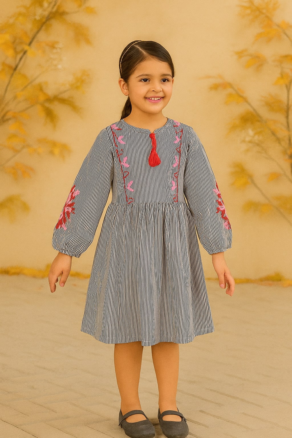 Girls Striped Embroidered Fit & Flare Dress