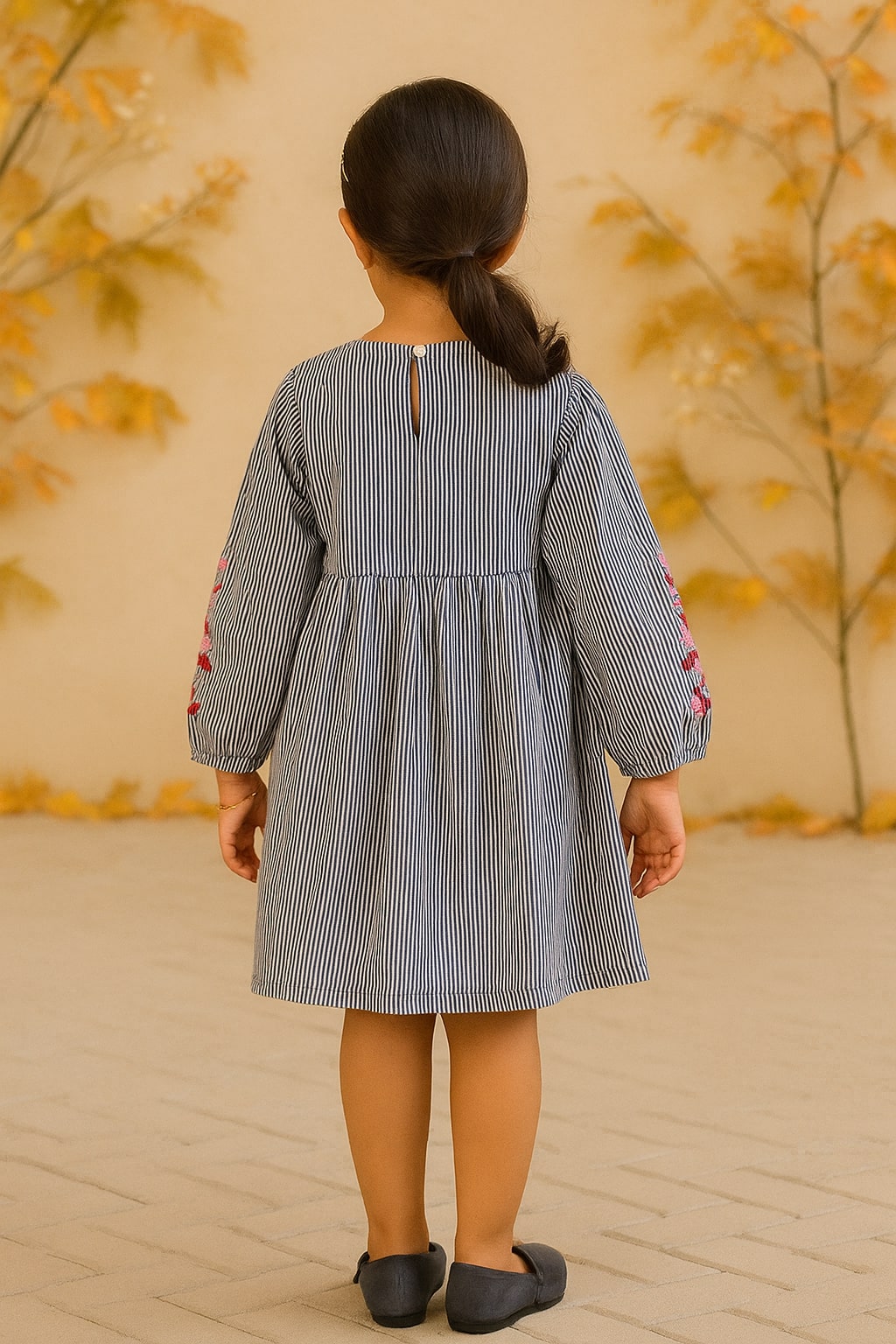 Girls Striped Embroidered Fit & Flare Dress