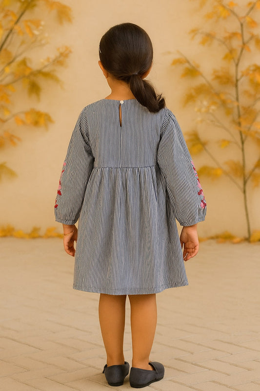 Girls Striped Embroidered Fit & Flare Dress