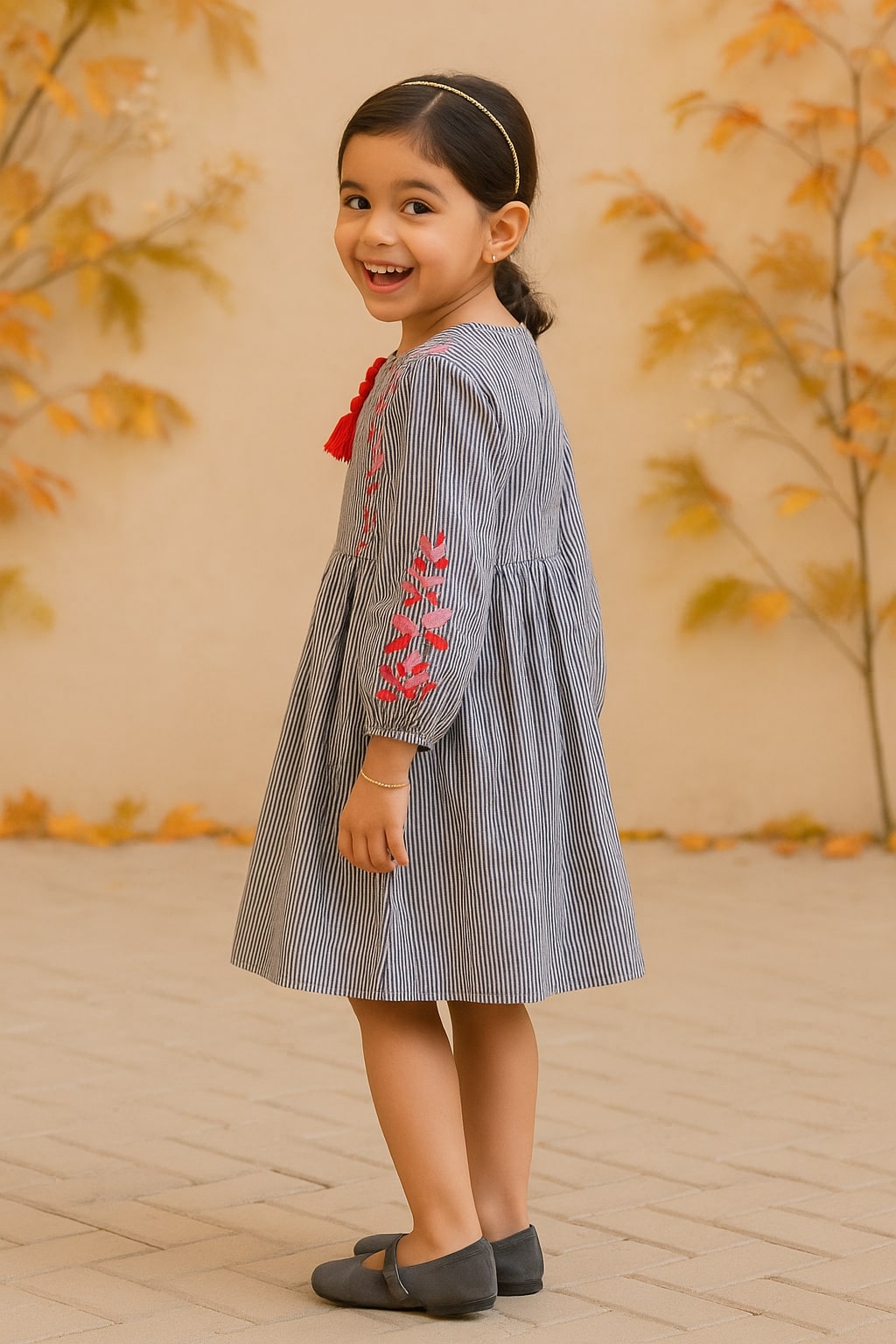 Girls Striped Embroidered Fit & Flare Dress