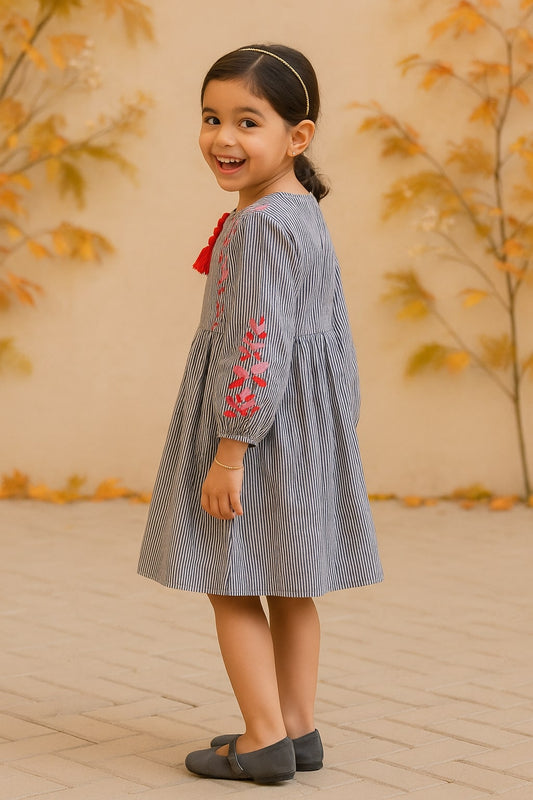 Girls Striped Embroidered Fit & Flare Dress