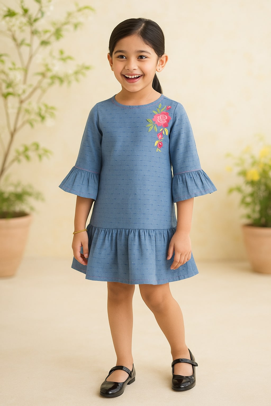 Girls Floral Flared Sleeve Dress