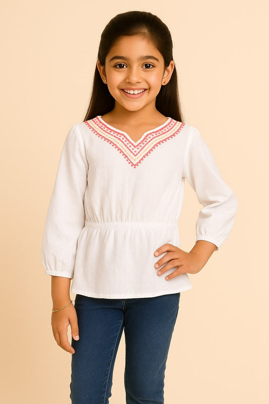 Girls White Embroidered Casual Top