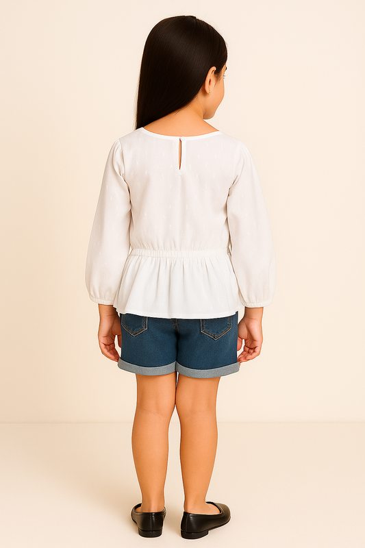 Girls White Embroidered Casual Top