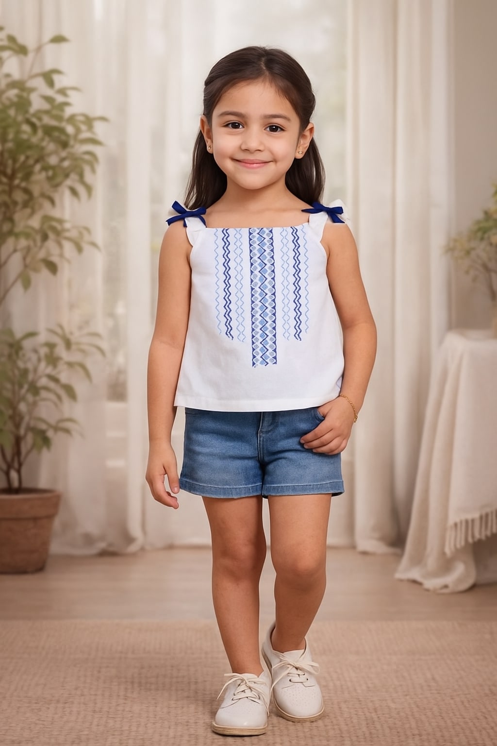Girls White Embroidered Casual Top