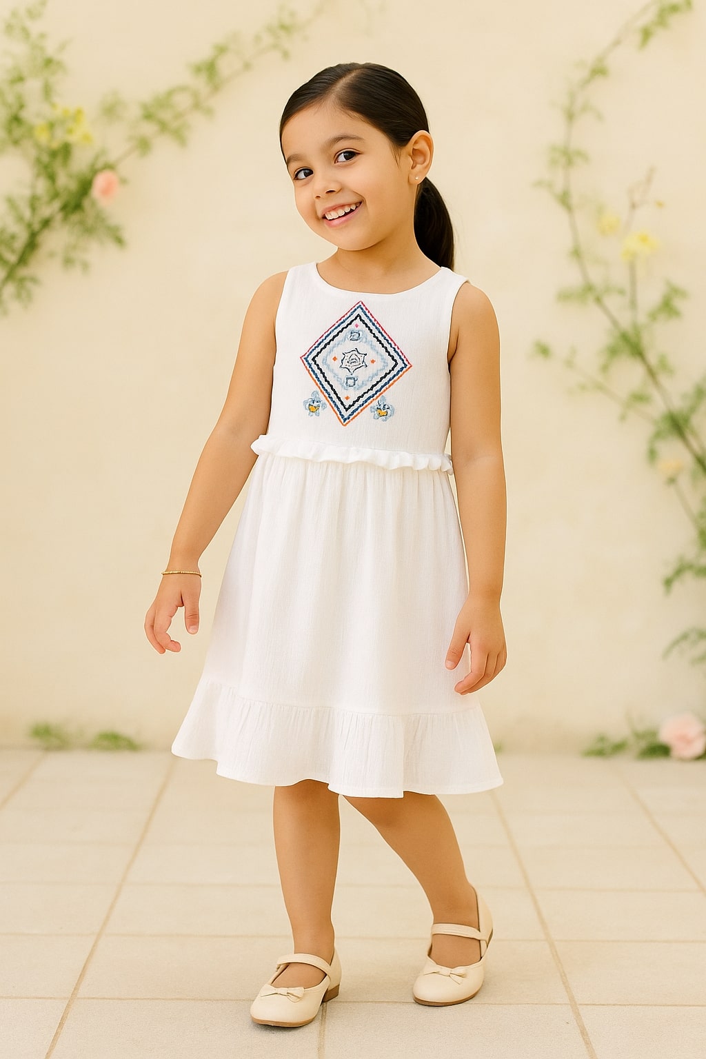 Girls White Embroidered Tiered Dress
